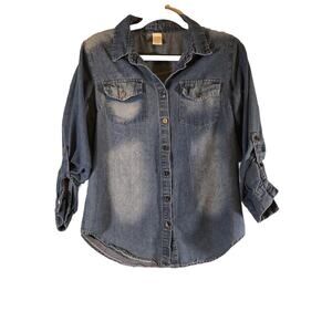 Anna Kaci Womens Top Large Blue Denim Blouse Button Down‎ Long Sleeve Western